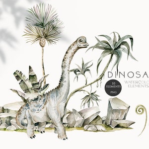 Dinosaurs clipart Watercolor dino palms Nursery wall art Dino birthday decor Baby shower card Kids print Dinosaur stickers T Rex PNG