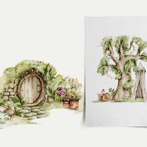 May include: A watercolour illustration of a whimsical fairy garden with a round wooden door, a small pond, and a large tree with a canopy tent. The illustration is painted in shades of green, brown, and white.