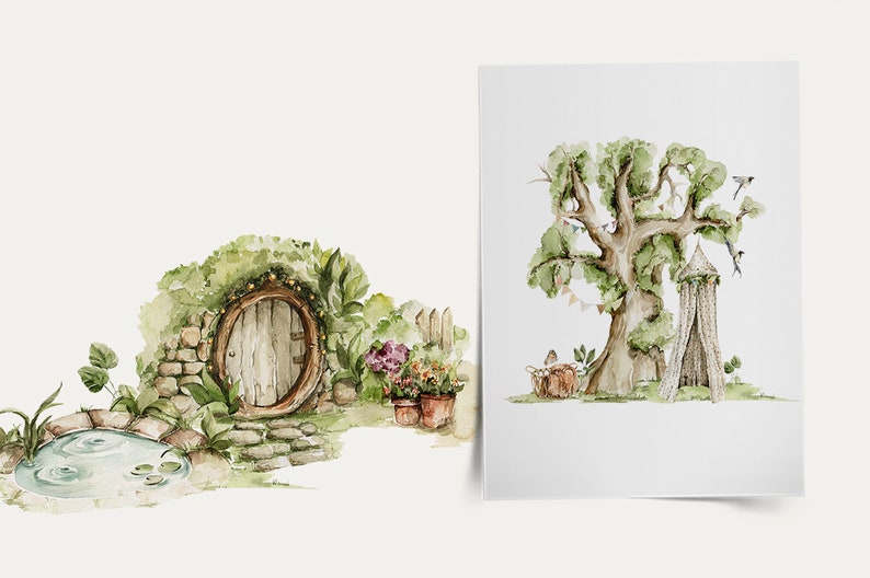 May include: A watercolour illustration of a whimsical fairy garden with a round wooden door, a small pond, and a large tree with a canopy tent. The illustration is painted in shades of green, brown, and white.