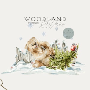 Christmas animals clipart Watercolor bear Winter woodland tree clip art New year card Cute animal Nursery wall art Baby shower card Holiday