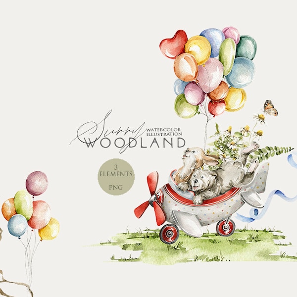 Baby birthday clipart Watercolor airplane Cute woodland animals Watercolour bear bunny rabbit balloons Nursery clip art Baby boy Png