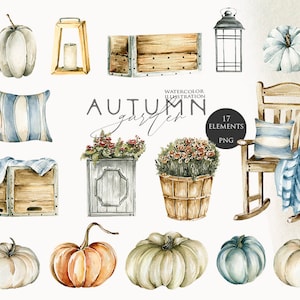 Autumn clipart Fall garden clip art Watercolor pumpkins lantern Harvest Halloween print Cozy autumn Water color fall decor Rustic Png