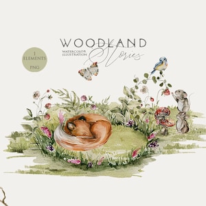 Renard endormi clipart Animaux des bois Aquarelle mignon renard Forêt bébé animal Cramponnier art mural Woodland Wall Art Baby shower décor Nouveau-né