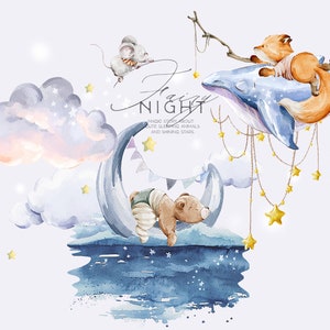 Slapende baby dieren aquarel beer vos konijntje clipart maan en sterren clip art nachtelijke hemel wolken kinderkamer kinderposters bos baby's