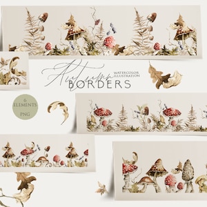 Puede incluir: Seis ilustraciones de acuarela de bordes de bosque de otoño con setas, hojas y helechos. Las ilustraciones están etiquetadas como "Autumn Borders Watercolor Illustration".