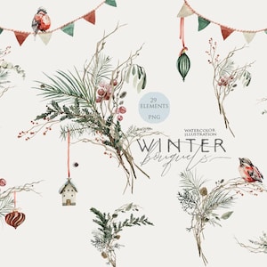 Buquê de Natal clipart Floresta de inverno vegetação Galhos de pinheiro Brinquedos de Natal Decoração vintage Arranjo floral Folhas de aquarela bagas