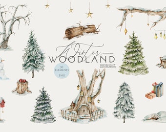 Winter forest Watercolor clipart Christmas Pine trees clip art Winter woodland Snowy landscape Nursery clipart Baby shower Digital Png