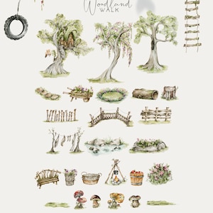 Puede incluir: Un conjunto de ilustraciones de acuarela con elementos del bosque, que incluyen &aacute;rboles, un columpio, un puente, una cerca, una fogata, hongos, p&aacute;jaros y mariposas. Las ilustraciones son perfectas para crear dise&ntilde;os caprichosos y encantadores.