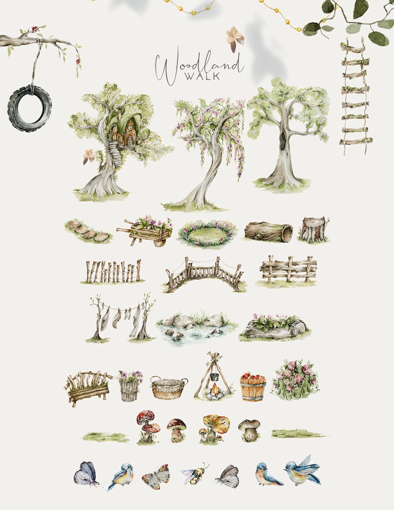 Puede incluir: Un conjunto de ilustraciones de acuarela con elementos del bosque, que incluyen &aacute;rboles, un columpio, un puente, una cerca, una fogata, hongos, p&aacute;jaros y mariposas. Las ilustraciones son perfectas para crear dise&ntilde;os caprichosos y encantadores.