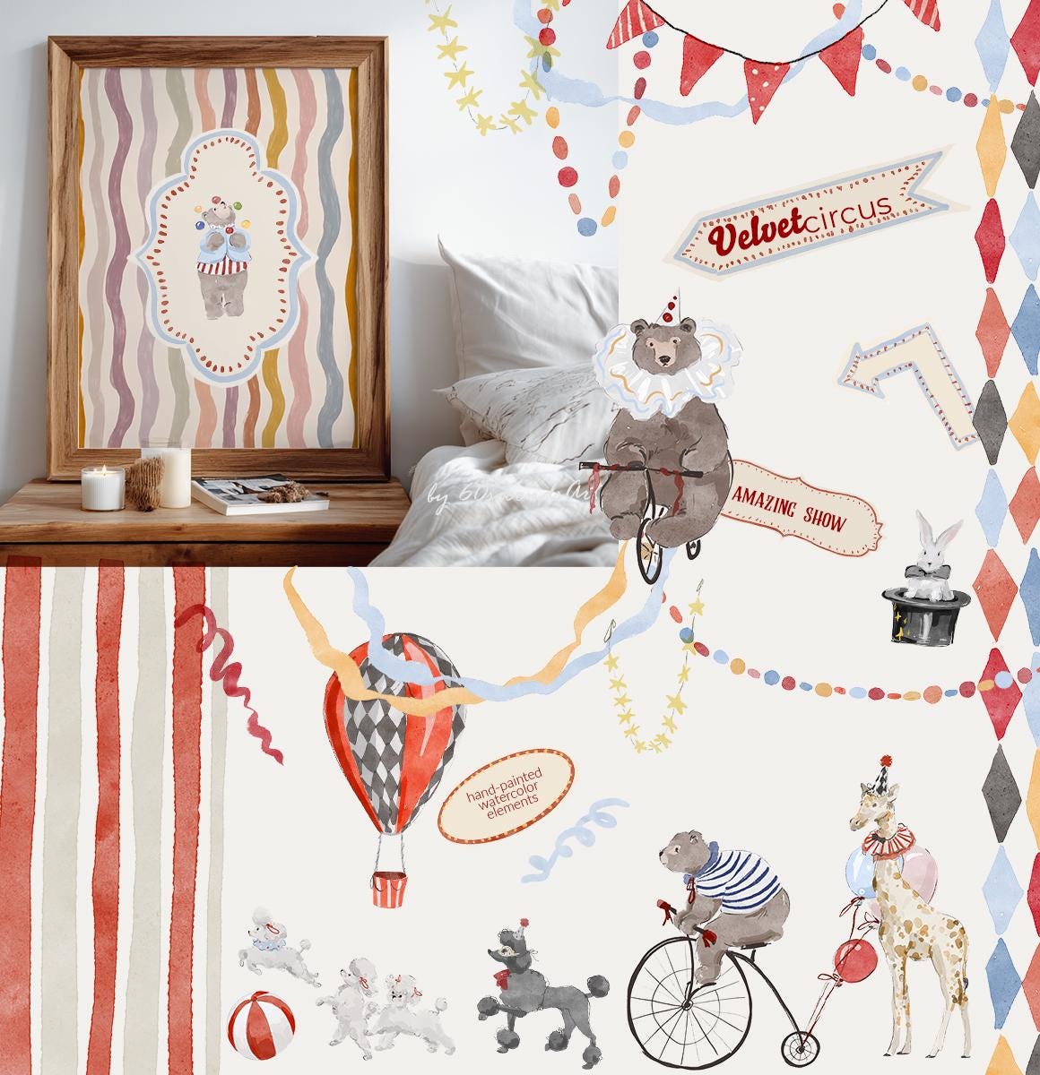 Watercolor Circus Clipart - Nursery Decor - Vintage Carnival Graphics ...