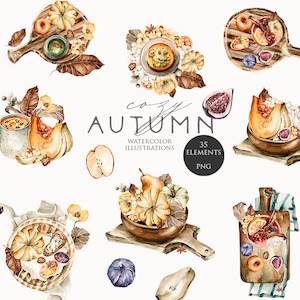 Autumn clipart Watercolor pumpkins Cozy autumn clip art Tasty autumn menu Cutting board Water color fall decor Thanksgiving day food Png