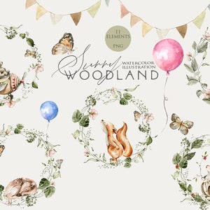 Woodland clipart Couronne de bébé Animaux mignons lapin renard ours Anniversaire ballons Pépinière clip art Woodland party Baby shower inviter carte Png