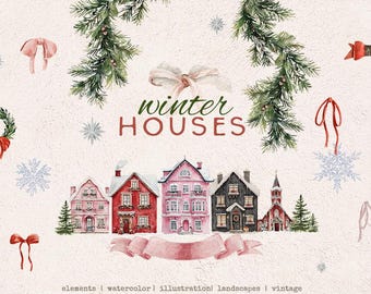 Christmas houses clipart Watercolor house Christmas town clip art Winter village Happy new year Vintage christmas card Bows Digital Png