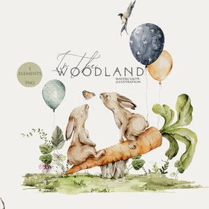 Niedliche Hase Clipart Aquarell Baby Tiere Wald Babys Kaninchen Vogel Ballon Baby Junge Clipart Waldtier Kinderzimmer Druck Neugeborene Png