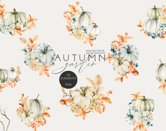 Autumn clipart Watercolor pumpkins Fall garden composition Autumn bouquets clip art Harvest print Cozy autumn Water color fall decor Png