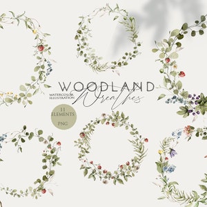 Watercolor wreath Floral clipart Green leaves frame Watercolour greenery Wildflowers Strawberry Field flowers clip art Botanical border png