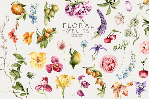 Watercolor floral Greenery field flowers fruits clipart Watercolour green leaves Lemons Olives Foliage Wedding card design Digital flora Png