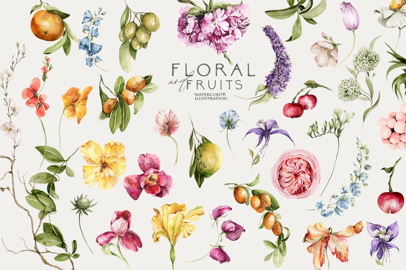 Op de afbeelding: Waterverfillustratie van bloem- en fruitelementen, waaronder een roze roos, paarse bloemen, een citroen, sinaasappels en groene olijven. De tekst "Floral and Fruits Watercolor Illustration" staat in het midden van de afbeelding.