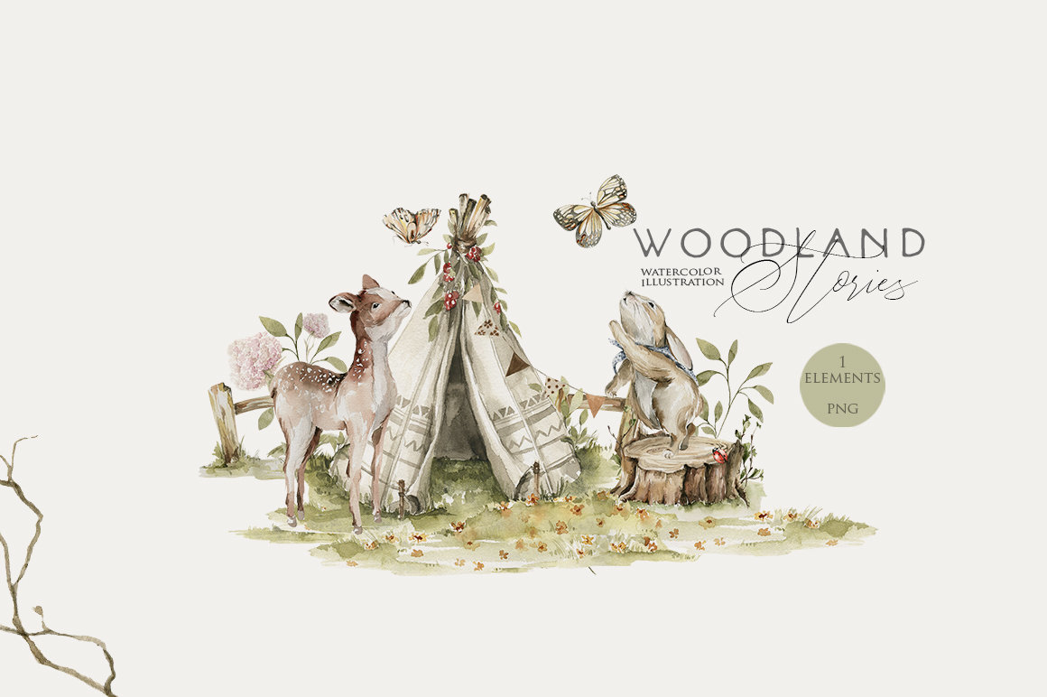 Woodland Animals Clipart Cute Bunny Deer Butterfly Watercolor Animal ...