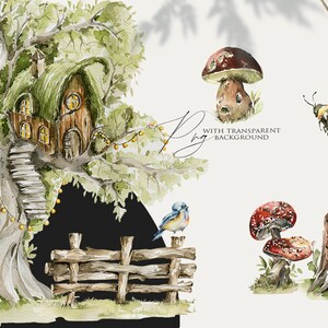 Puede incluir: Ilustraci&oacute;n de acuarela de una casa en el &aacute;rbol caprichosa con un techo verde, una valla de madera, un p&aacute;jaro azul, un hongo, una abeja y un toc&oacute;n de &aacute;rbol. La ilustraci&oacute;n est&aacute; sobre un fondo blanco.