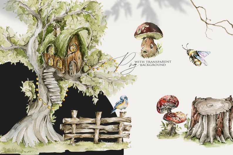 Puede incluir: Ilustraci&oacute;n de acuarela de una casa en el &aacute;rbol caprichosa con un techo verde, una valla de madera, un p&aacute;jaro azul, un hongo, una abeja y un toc&oacute;n de &aacute;rbol. La ilustraci&oacute;n est&aacute; sobre un fondo blanco.