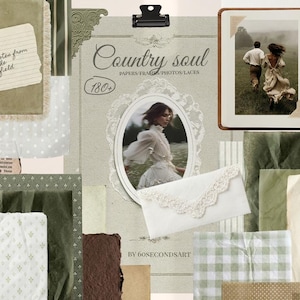 May include: A vintage-style collage with diverse paper textures, such as lined paper, newsprint, and patterned sheets in green, brown, and cream hues. The text "Country Soul" is displayed, alongside a photograph of a woman in a field.