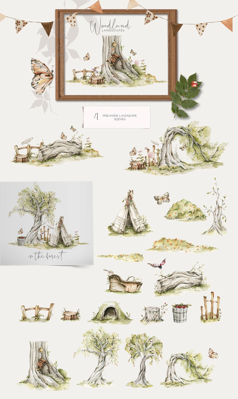 Woodland Scene Watercolor Woodland Clipart Forest Landscape Tree