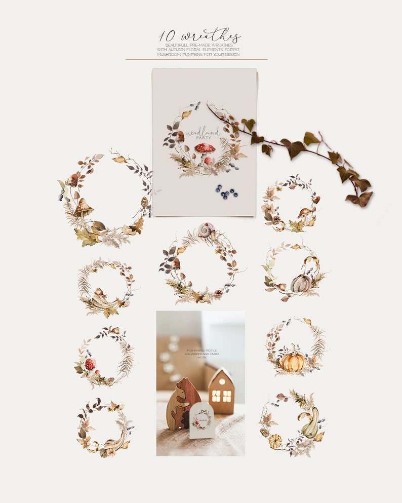 Op de afbeelding: Tien aquarelkransen met herfstachtige elementen, waaronder paddenstoelen, pompoenen, bladeren en bessen. De kransen zijn perfect om een ​​herfsttint aan je ontwerpen toe te voegen.