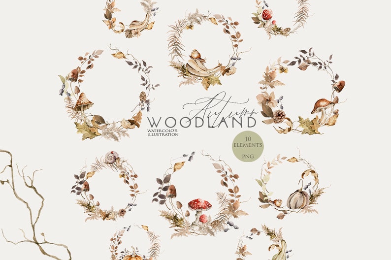 Op de afbeelding: Tien aquarel illustraties van herfstkransen met paddenstoelen, bladeren, bessen, pompoenen en andere bosselementen. De kransen zijn in tinten bruin, beige en cr&egrave;me.