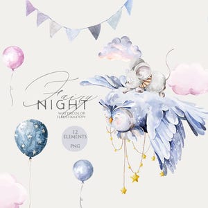 Clipart pour affiche de bébé, aquarelle, hibou fée, petite souris, clipart lune et étoiles, décoration de chambre d'enfant, nuages, ciel nocturne, affiches numériques