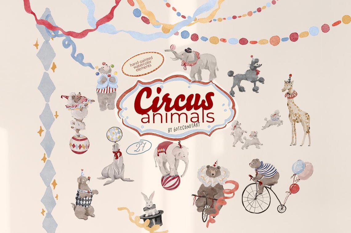 Circus Animals Watercolor Clipart Vintage Carnival Bear Elephant Poodle ...