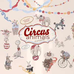 Clipart de acuarela de animales de circo, oso de carnaval vintage, elefante, caniche, foca, decoración infantil, elementos de bricolaje / Conjunto PNG de cumpleaños de circo caprichoso