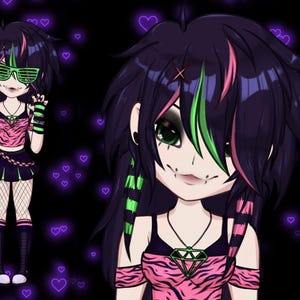 Puede incluir: Una ilustración digital de un personaje de dibujos animados con cabello negro, rosa y verde que lleva una blusa de cebra rosa y negra, un collar negro con un dije de diamante y calentadores de brazos a rayas negras y verdes. El fondo es negro con corazones morados.