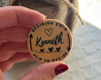 Personalized Decision Coin, Engraved Wood Flip Coin