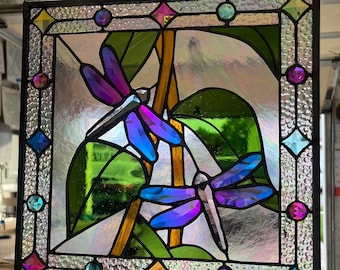 Dichroic Dragonflies Stained Glass Window Bevel Panel Hanging