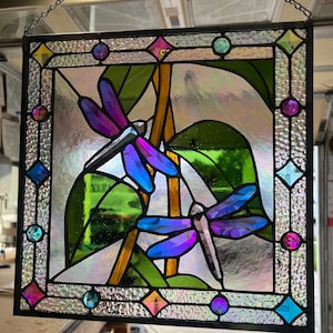 Dichroic Dragonflies Stained Glass Window Bevel Panel Hanging
