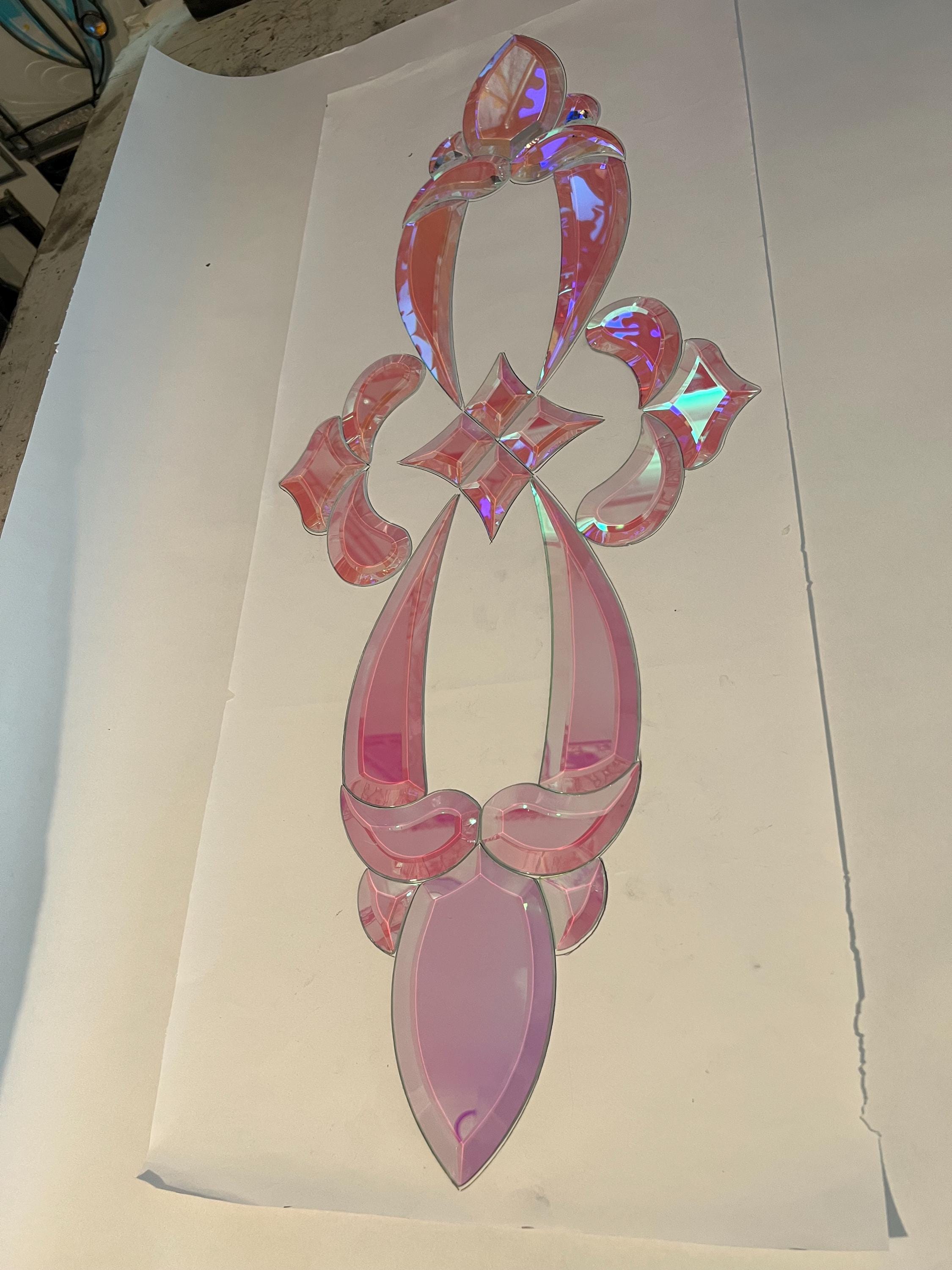 Dichroic bevel cluster stained glass pink/orange /green/blue