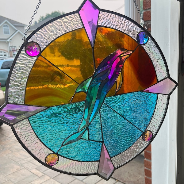 Stained Glass Window Hanging Dolphin Etsy