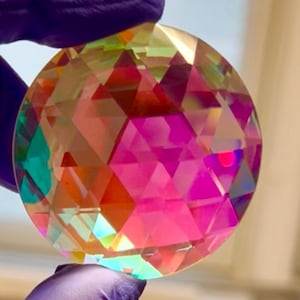 2”(50mm) Dichroic Round Faceted Jewel | Holographic Glass Gem | Rainbow Bevel Stained Glass
