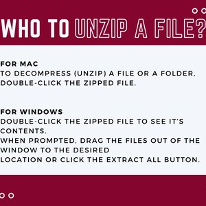 May include: A white text graphic on a maroon background with the text "WHO TO UNZIP A FILE?" and instructions on how to unzip files on Mac and Windows computers.