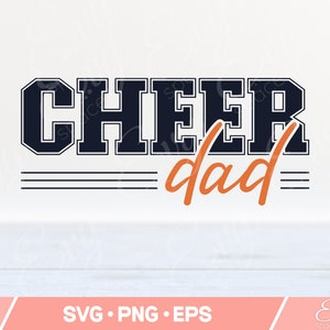 May include: Cheer dad in black and white varsity style lettering with a triple line design and orange cursive dad text.