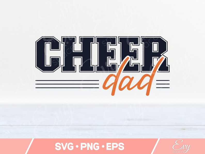 May include: Cheer dad in black and white varsity style lettering with a triple line design and orange cursive dad text.