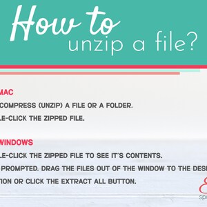 May include: A white background with a teal blue header that says "How to unzip a file?" in a white cursive font. The text below explains how to unzip files on a Mac and Windows computer.