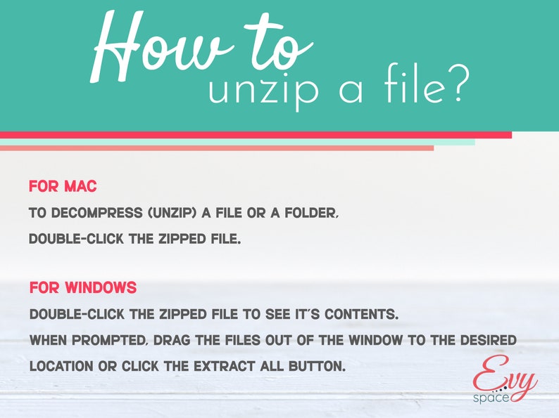 May include: A white background with a teal blue header that says "How to unzip a file?" in a white cursive font. The text below explains how to unzip files on a Mac and Windows computer.