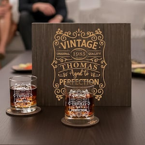 Personalized Etched Whiskey Glass Set: 30th 40th 50th 60th 70th Birthday Men Gift