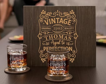 Personalized Etched Whiskey Glass Set: 30th 40th 50th 60th 70th Birthday Men Gift
