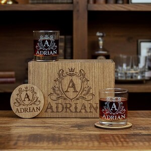 Custom Whiskey Glass Set, Engraved Glass in Wooden Box, Groomsmen Gifts, Dad Gift, Christmas