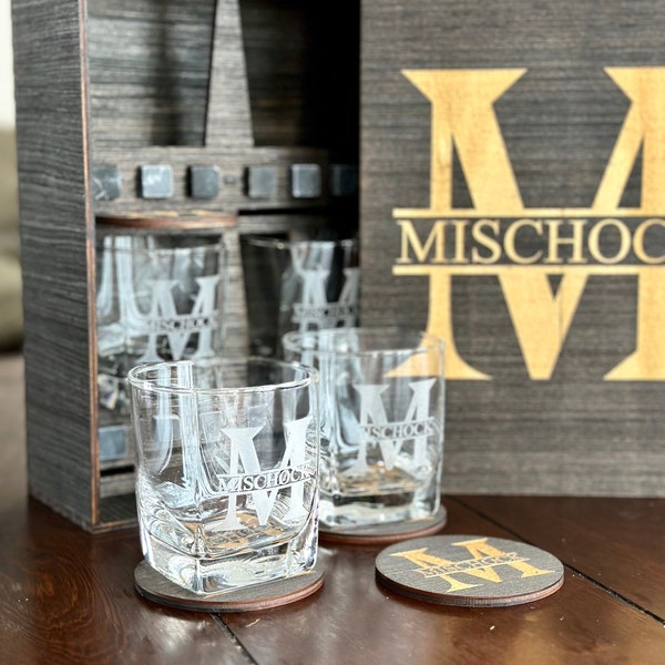 Custom Whiskey Glass Set, Personalized Whiskey Glasses, Whiskey Stones, Engraved Whiskey Glasses in Wooden Box, Groomsmen Gifts, Dad Gift