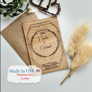 Conjunto de invitación de boda de madera, Invitación de boda cortada con láser, Suite de invitación de boda Rústica y Boho Invitación de boda Conjunto de invitación floral