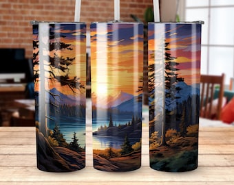 Forest Sunset Mountain Landscape 20 oz Skinny Tumbler Sublimation Design, Straight & Tapered Wrap, Tumbler Wrap, Tumbler PNG